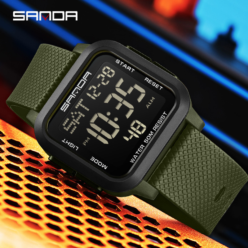 Sanda Square นาฬิกาสีทึบ Retro อินเทรนด์ Night Light กันน้ําอิเล็กทรอนิกส์นาฬิกาผู้ชาย SD2194-5