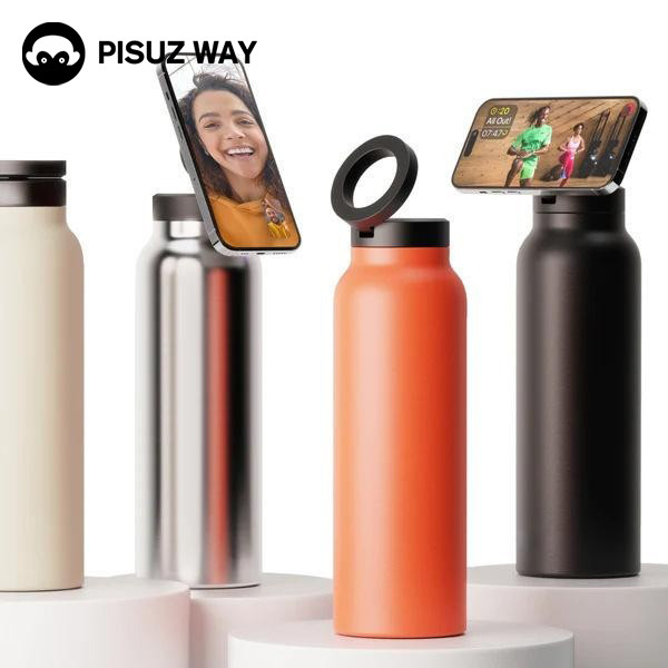 Pisuz Way1000ml ขวดน้ําแม่เหล็กรั่วสแตนเลสขวดน้ําฟิตเนสพร้อมที่วางโทรศัพท์แม่เหล็ก