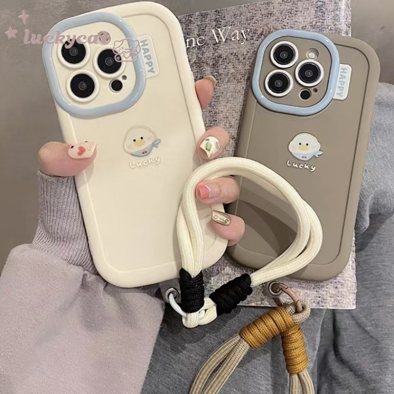 Iphone 15 14 13 12 11 Pro Max X Xr Xs Max 7 8 Plusเคสโทรศัพท์การ์ตูนความเรียบง่ายน่ารักสวมใส่ผ้าพันคอเป็ดโทรศัพท์นุ่ม+Lanyard Cover