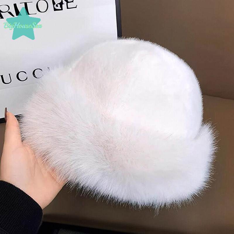 [BigHouseSea] Fluffy Faux Bucket Hat สําหรับผู้หญิงตุ๊กตาหมวกชาวประมงหมวกฤดูหนาวที่อบอุ่น Thicken เย็น Snowy Day ปานามาใหม่