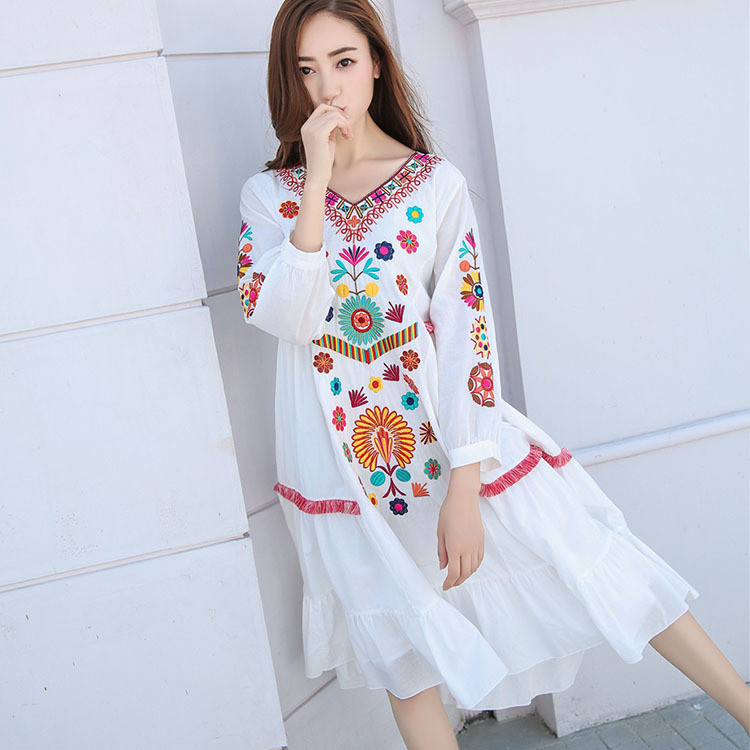 [โชคดี เสื้อผ้าผู้หญิง] ใส่เที่ยวประเทศไทยชุดวันหยุดสไตล์ชาติพันธุ์อุตสาหกรรมหนักปักผ้าฝ้ายผ้าลินินโ