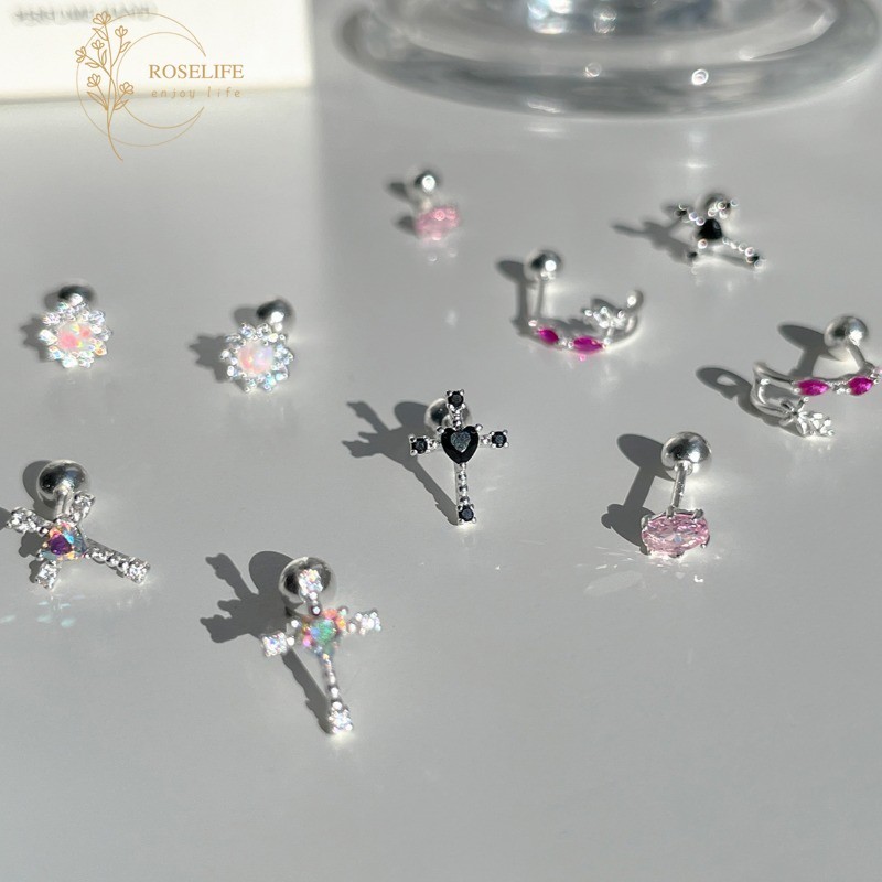 Roselife 1 Pc Cool หวาน S925 เงินเรขาคณิตคริสตัล Cross Star สกรูต่างหูผู้หญิงหญิง Hypoallergenic หู Studs เครื่องประดับ