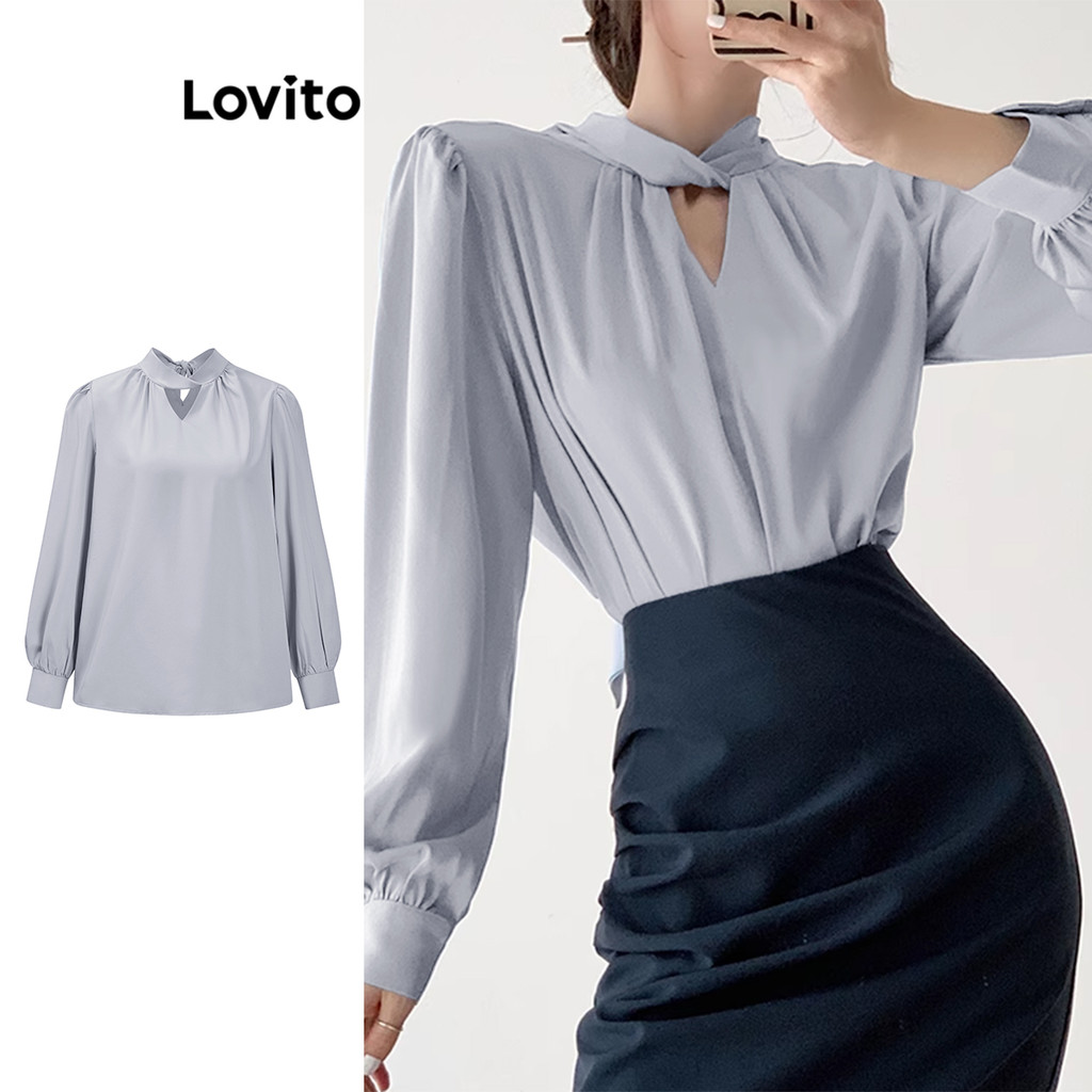 Lovito เสื้อเบลาส์ผูกหลังธรรมดาหรูหราสำหรับผู้หญิง L95ED346