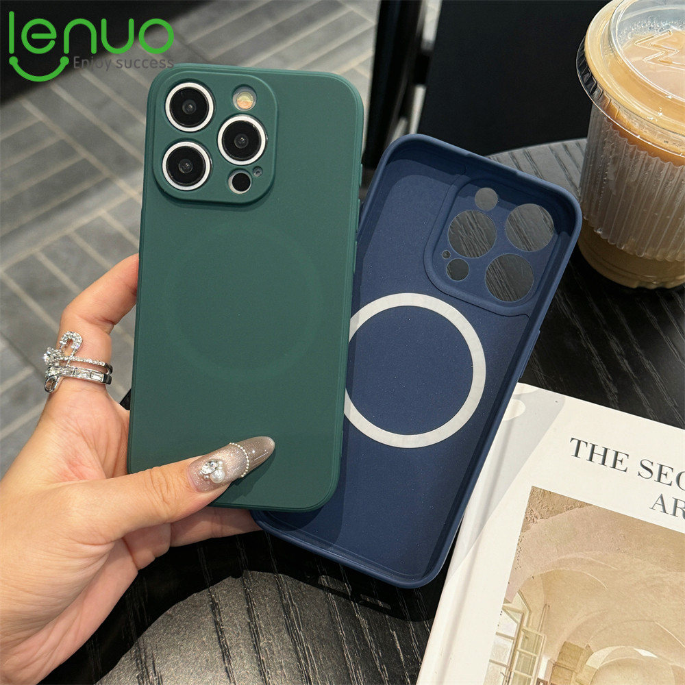 Lenuo แม่เหล็กปลอดภัยเคสโทรศัพท์สําหรับ iPhone 16 15 14 13 12 11 Pro Max ip 16 Plus 5G ปลอกซิลิโคนเหลวกันกระแทกป้องกันขอบตรงซับกํามะหยี่ปกหลัง