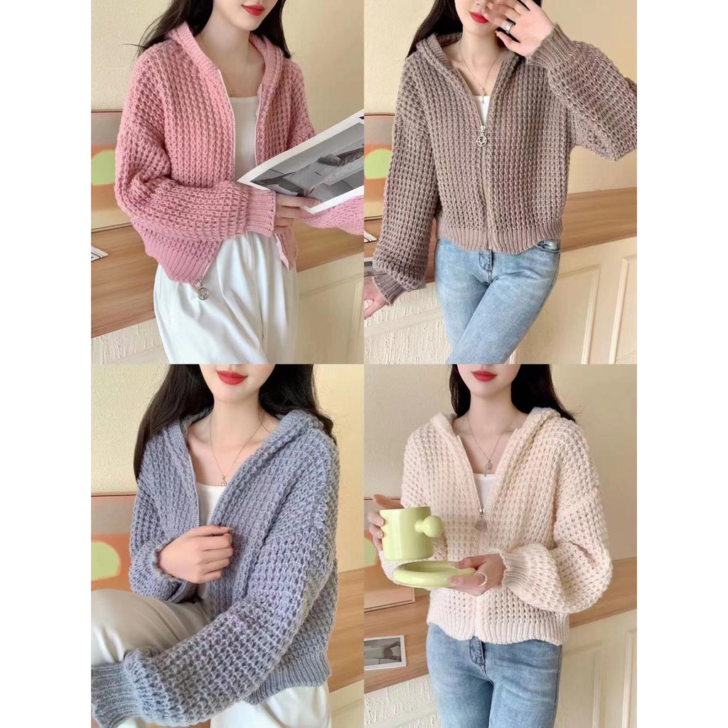 mimi&didi#เสื้อคลุมสเวตเตอร์มีฮู้ด แขนยาว ไหมพรม สไตล์เกาหลี หนาขี้เกียจหลวมอารมณ์ซิป เสื้อกันหนาว สำหรับผู้หญิง#81071