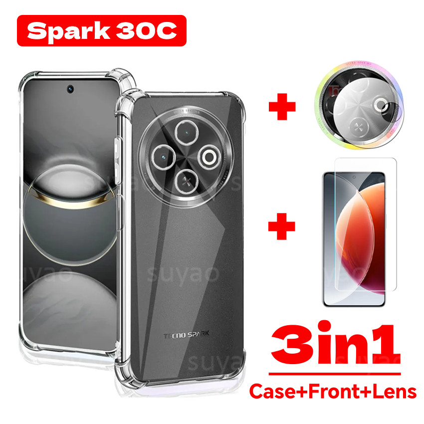 สําหรับ Tecno Spark 30C 30 Pro C 30Pro 2024 3in1 เคสโทรศัพท์ปลอกใส Spark30C Spark30 Spark30Pro กันกระแทก Soft TPU กระจกนิรภัยหน้าจอป้องกันฟิล์มกล้อง 9H เลนส์ปกหลัง