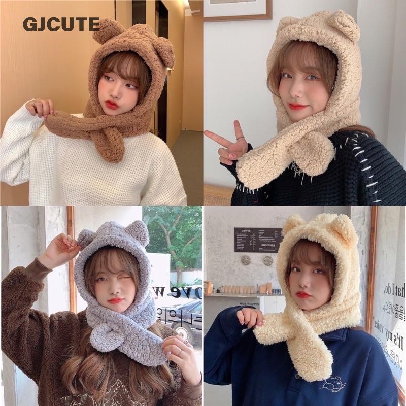 Gjcute ผู้หญิงแฟชั่นหมวกหมีการ์ตูนหูแกะหมวกฤดูหนาวหนาหูหมวก WTD