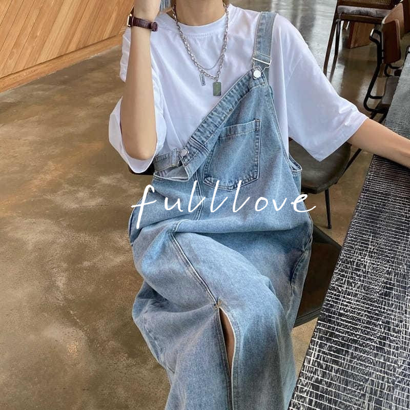 พร้อมส่ง Fulllove กระโปรงเอี๊ยมยีนส์ย้อนยุคขนาดใหญ่ความยาวปานกลางหลวมสบายที่จะสวมใส่กระโปรงแขวนแฟชั่นผู้หญิง