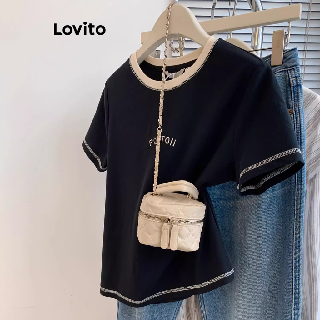 Lovito เสื้อยืดผู้หญิง บล็อกสี สีพื้น สไตล์ลำลอง LNE60410