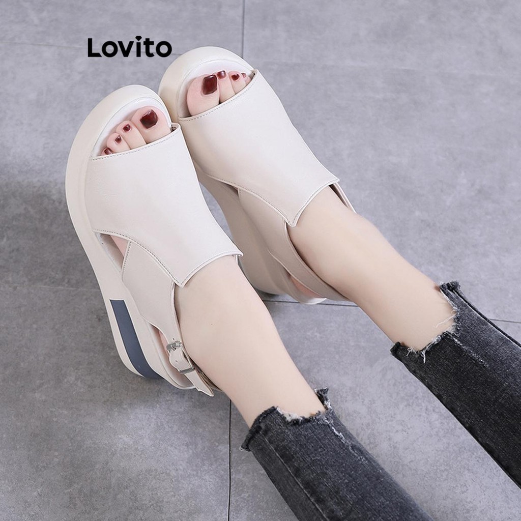 Lovito รองเท้าแตะ ส้นแบน หัวเข็มขัดธรรมดา สําหรับผู้หญิง LFA22381