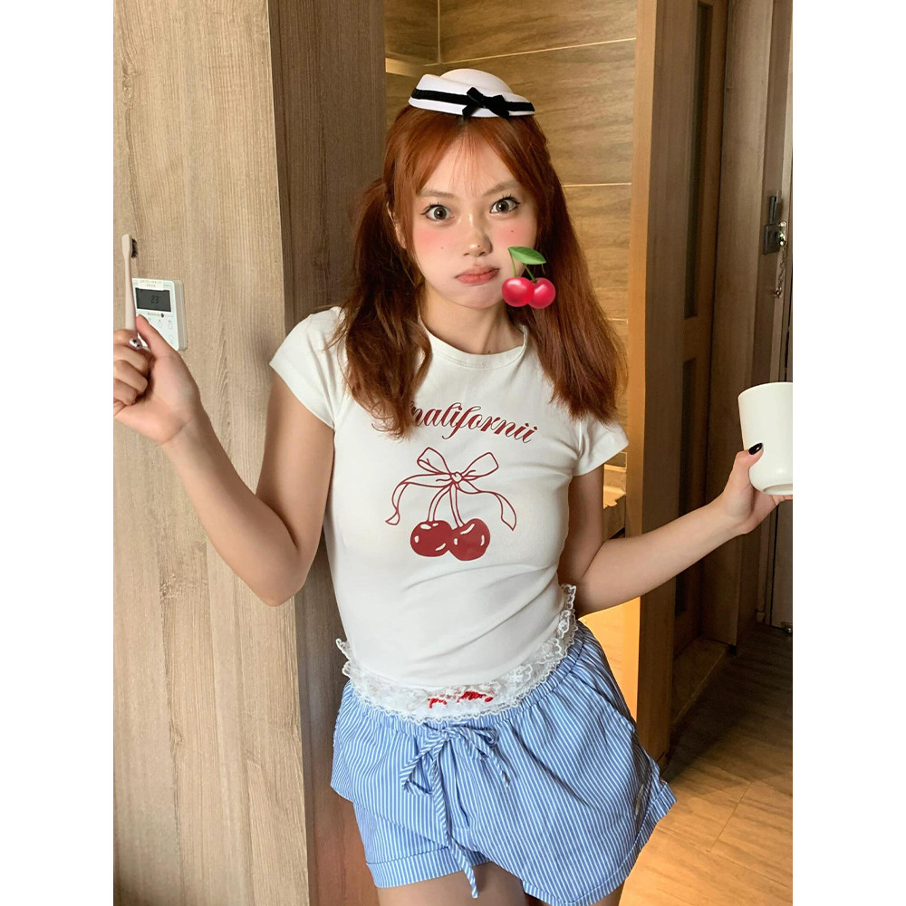 (จัดส่งตลอด 24 ชั่วโมง）OOOK Official 100%Cotton Teeสวมใส่สบาย ลายเชอร์รี่ พิเศษมาก แขนสั้นคอกลม เสื้อผ้าผู้หญิง