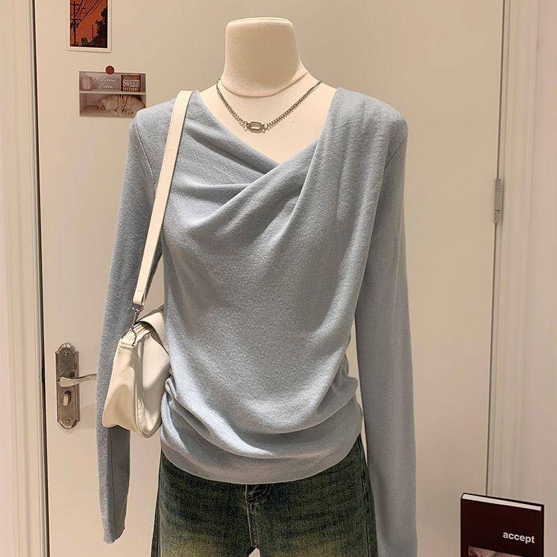 Modal แขนยาว Bottoming เสื้อผู้หญิงฤดูใบไม้ร่วงแบนคอ Slanging คอ Beveled Off-the-ไหล่จีบ Slim @-