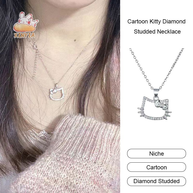การ์ตูน Kitty Diamond Studded สร้อยคอแฟชั่นสาวหัวใจ Clavicle Chain Niche เสื้อกันหนาวXINYIA.TH