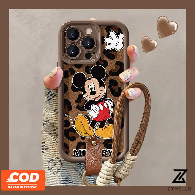 เคสโทรศัพท์ OPPO A3X A3 PRO A5 PRO A80 A60 A79 A38 A18 A17 A57 2022 4G A78 A58 A7 A5S A12 คุณภาพสูงเสือดาวพิมพ์ Mickey anti-fall lanyard เคสโทรศัพท์ซิลิโคน