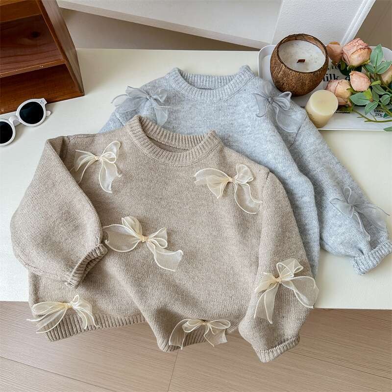 เสื้อสเวตเตอร์เด็กเกาหลีรุ่นใหม่ฤดูใบไม้ผลิและฤดูใบไม้ร่วงเสื้อสไตล์สาวสไตล์ตะวันตกสไตล์เกาหลีเสื้อถักโบว์แฟชั่นเด็ก - รูปที่ 7