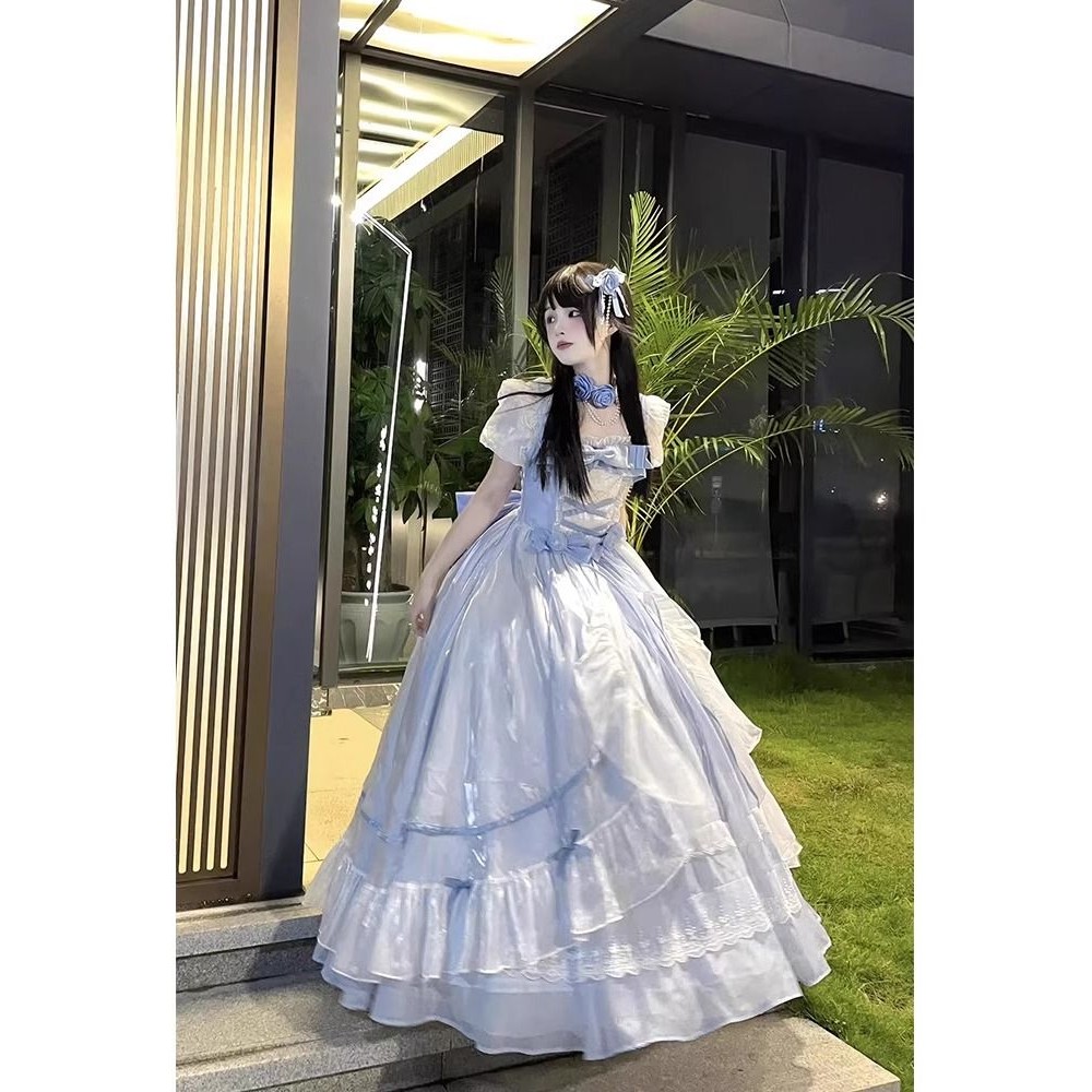 ชุดแต่งงานดอกไม้ใหญ่สีฟ้าชุดโลลิต้าโลลิต้างดงาม Escaping Princess Fluffy Trailing กระโปรง zy1218