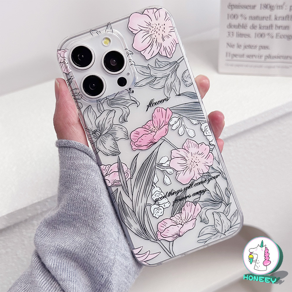 Retro Line ดอกไม้ Matte เคสโทรศัพท์สําหรับ IPhone 11 15 Pro Max 13 14 12 Promax XR XS Max 7Plus 8Plus Ultrathin Dirt ทน Soft TPU ฝาครอบโทรศัพท์