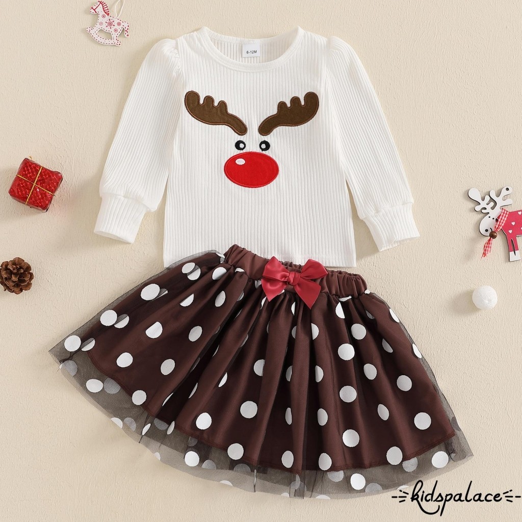 Bbq-little Girl ชุดคริสต์มาส Reindeer เย็บปักถักร้อยแขนยาว Ribbed Tops Dot พิมพ์เอวยางยืด Tulle กระโปรง 2 ชิ้นชุด
