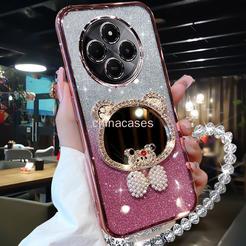 หรูหราแวววาวชุบสําหรับ Xiaomi Redmi 14C 4G กรณีฝาครอบโปร่งใส Shell pearl bow กระจกแต่งหน้าพร้อมสร้อยข้อมือ