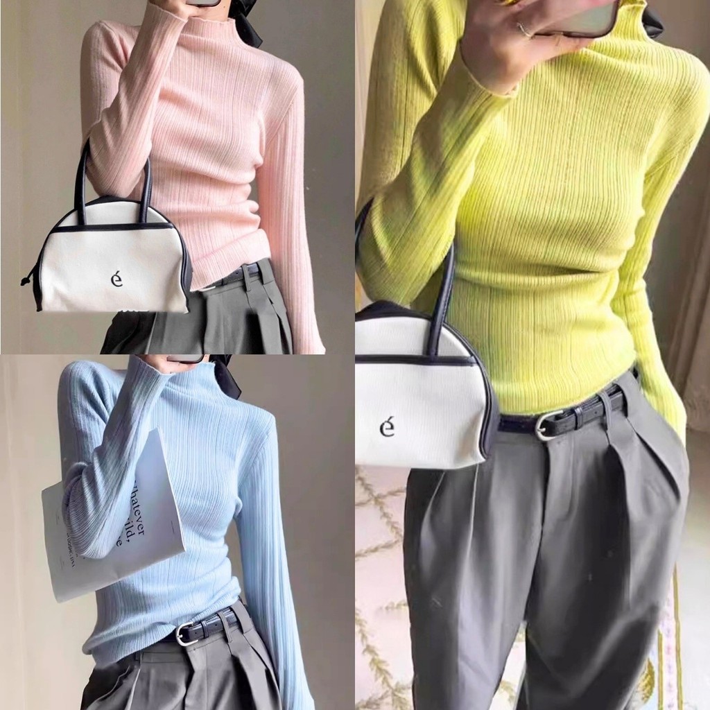 🔥ราคาถูกที่สุด🔥เสื้อซีทรูแขนยาว คอสูง สีหวาน 4 สี ไม่มีซับใน รุ่นเนื้อผ้าร่อง ยืดได้เยอะ ใส่สบาย