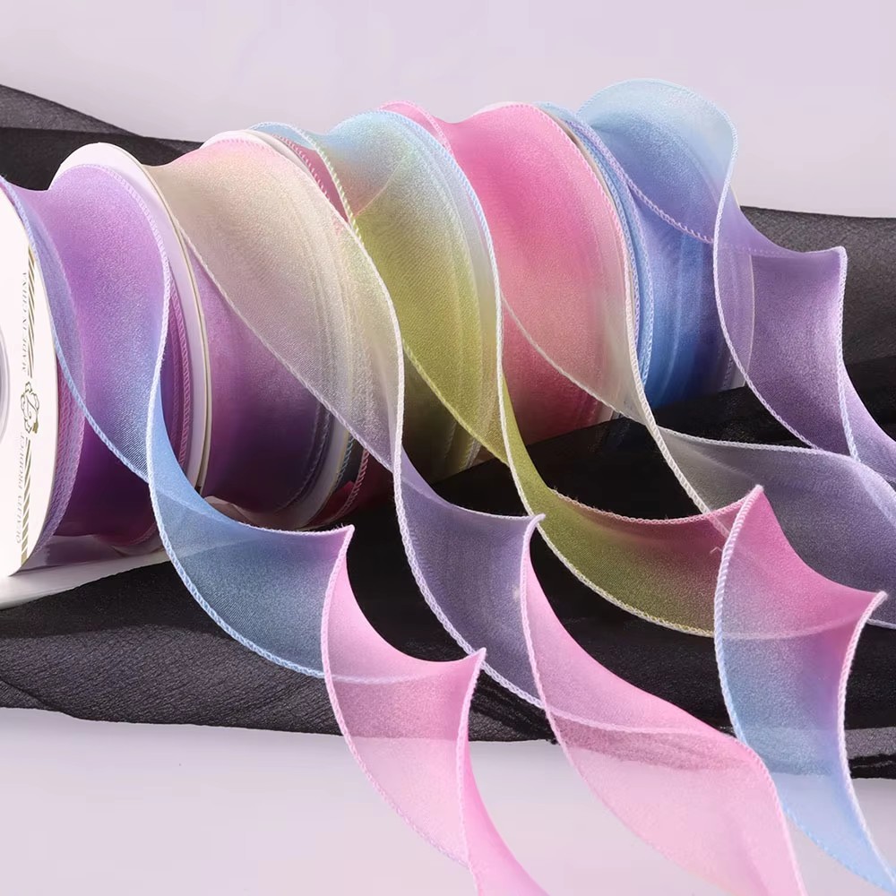 10 หลา 40 มม.Gradient Rainbow Bow Organza ริบบิ้นห่อของขวัญ Handmade Bow DIY Craft Bouquet พวงหรีดเบเกอรี่ Baby Shower งานแต่งงานงานปาร์ตี้วาเลนไทน์ต้นคริสต์มาสตกแต่ง