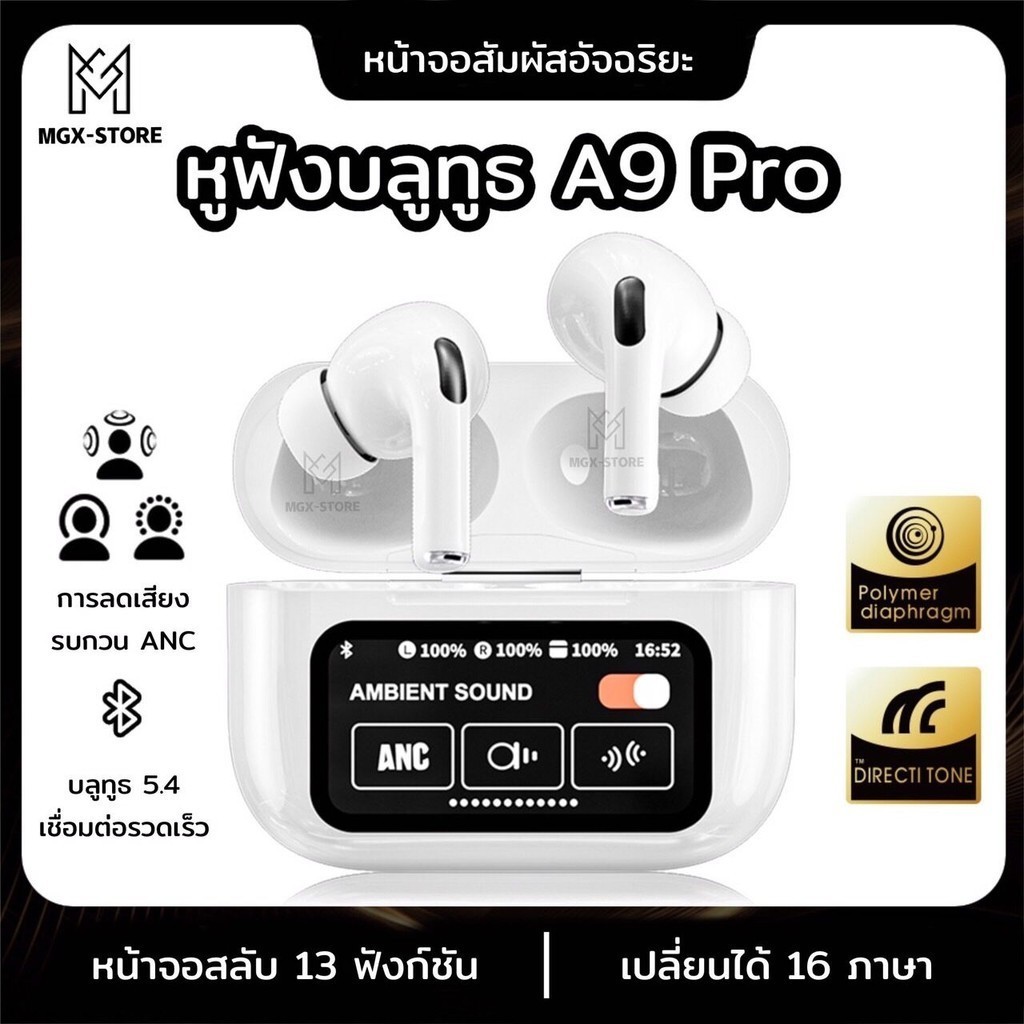หูฟัง A9 Pro ANC รุ่นที่5 หูฟังบลูทูธพร้อมหน้าจอทัชสกรีน หูฟังบลูทูธ หูฟังไร้สาย เทคโนโลยีล้ำสมัย พร