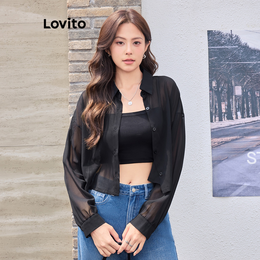 Lovito เสื้อเบลาส์กระดุมธรรมดาสำหรับผู้หญิง L105MD104