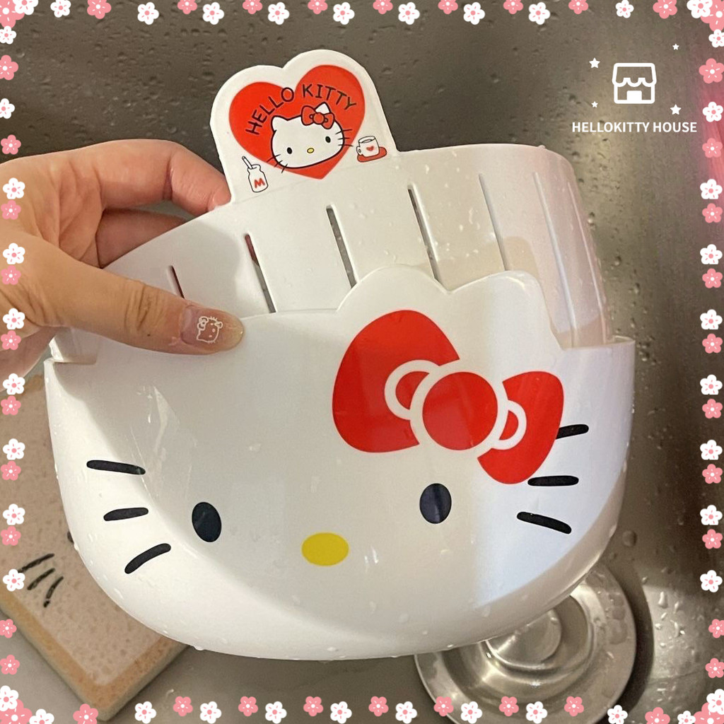 HelloKitty จานผลไม้ Double-Layer ตะกร้าระบายน้ําครัวในครัวเรือนมัลติฟังก์ชั่มูลค่าสูงเรซิ่นรอบตะกร้าล้างผักตะกร้าผลไม้