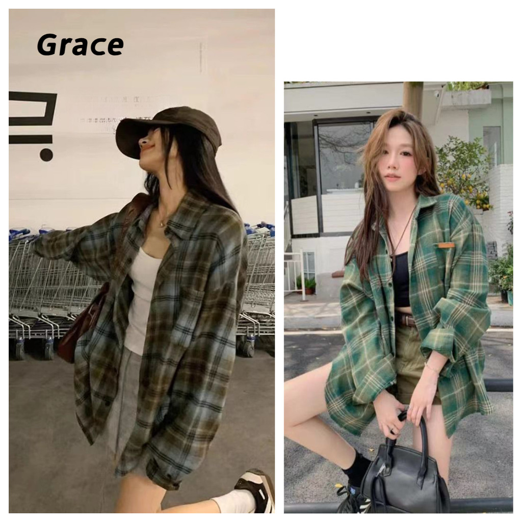 [Grace] American Retro Plaid Long-Sleeved Shirt Women 2025 New Style Casual Loose Large Size Shirt GR203 #