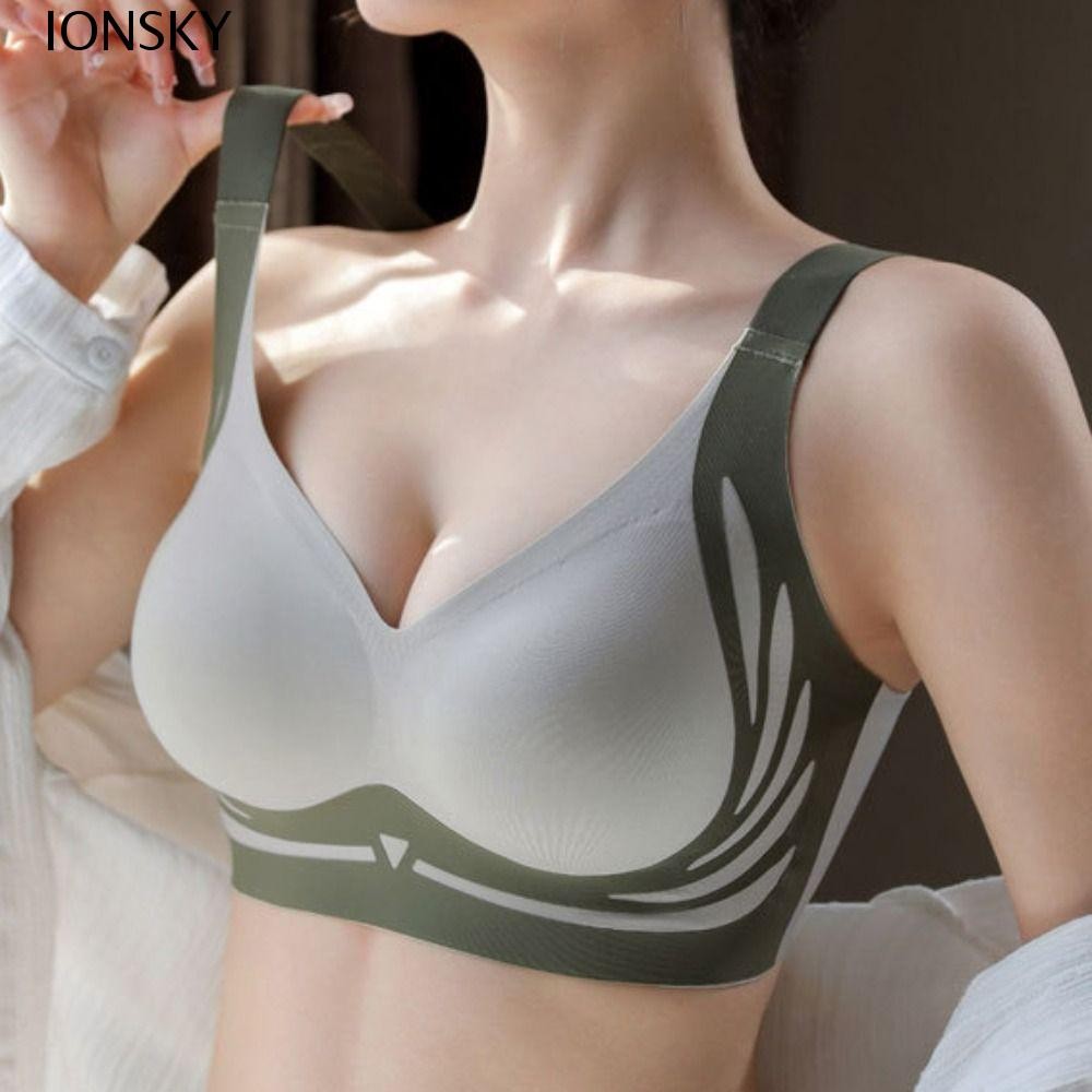 Ionsky Brassiere สําหรับผู้หญิง, Patchwork Anti-sagging ไร้สาย Deep V Bra, นุ่มกันกระแทกปรับรวบรวมหน้าอก Push Up ชุดชั้นในสาว