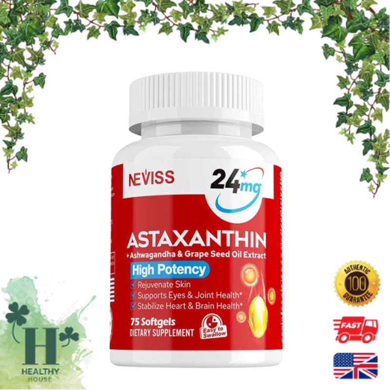 พร้อมส่ง NEVISS Astaxanthin 24 mg with Ashwagandha Root Extract & Grape Seed Oil Extract 75 softgels