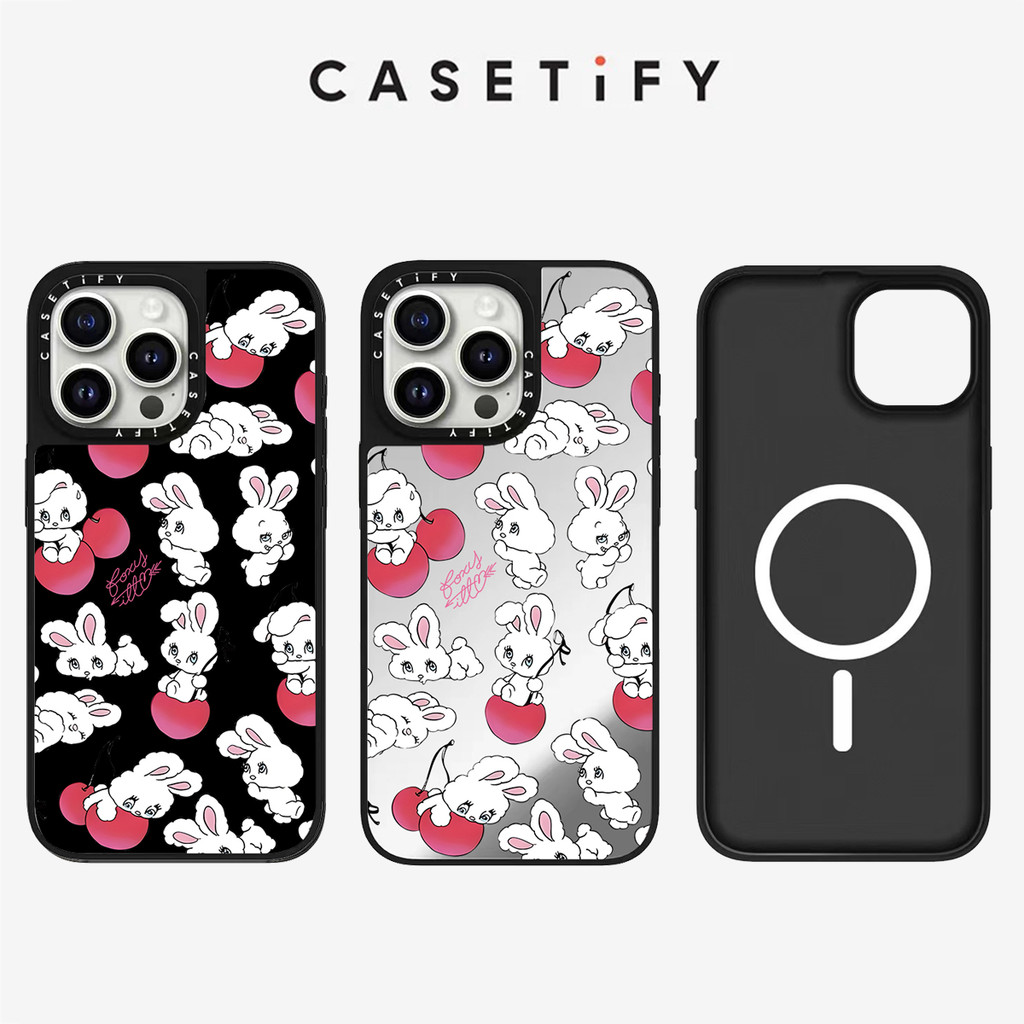 กระจกแม่เหล็กน่ารักกระต่ายเชอร์รี่ Anti fall เคสโทรศัพท์สําหรับ IPhone 16 ProMax 16Pro 15ProMax 15 16 14 13 12 11 Pro Max กรณีห่อปลอกกันกระแทกฝาหลัง