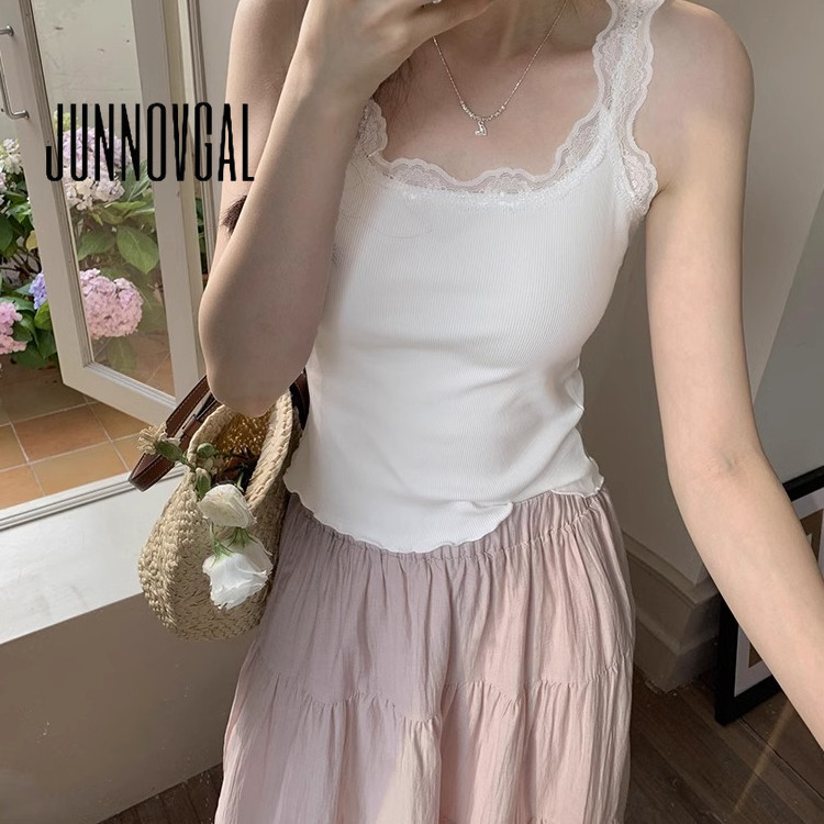 Junnovgal เสื้อชั้นในสตรีผู้หญิงสีทึบสลิมฟิตลูกไม้เชือกแขวนคอ 2024 ลําลองสไตล์ใหม่