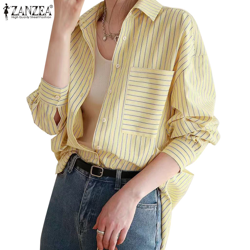 Zanzea เสื้อเชิ้ตแขนยาวลายทางเรียบง่ายสไตล์เกาหลีสําหรับผู้หญิง