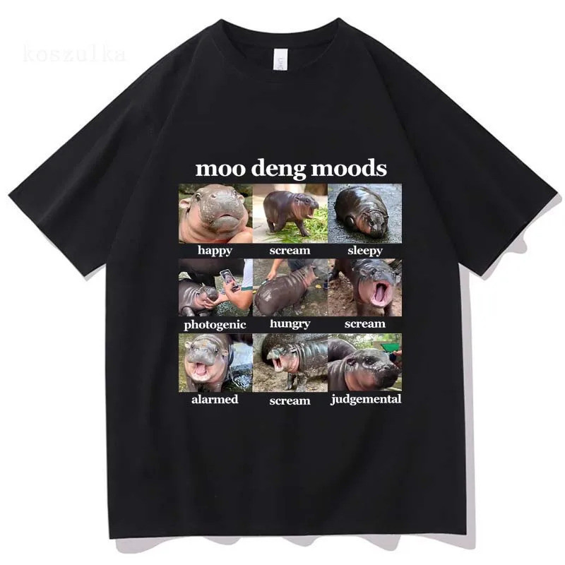 ฤดูร้อนใหม่แขนสั้นเสื้อยืด moodeng พิมพ์สไตล์ลำลอง unisex รอบคอด้านบน