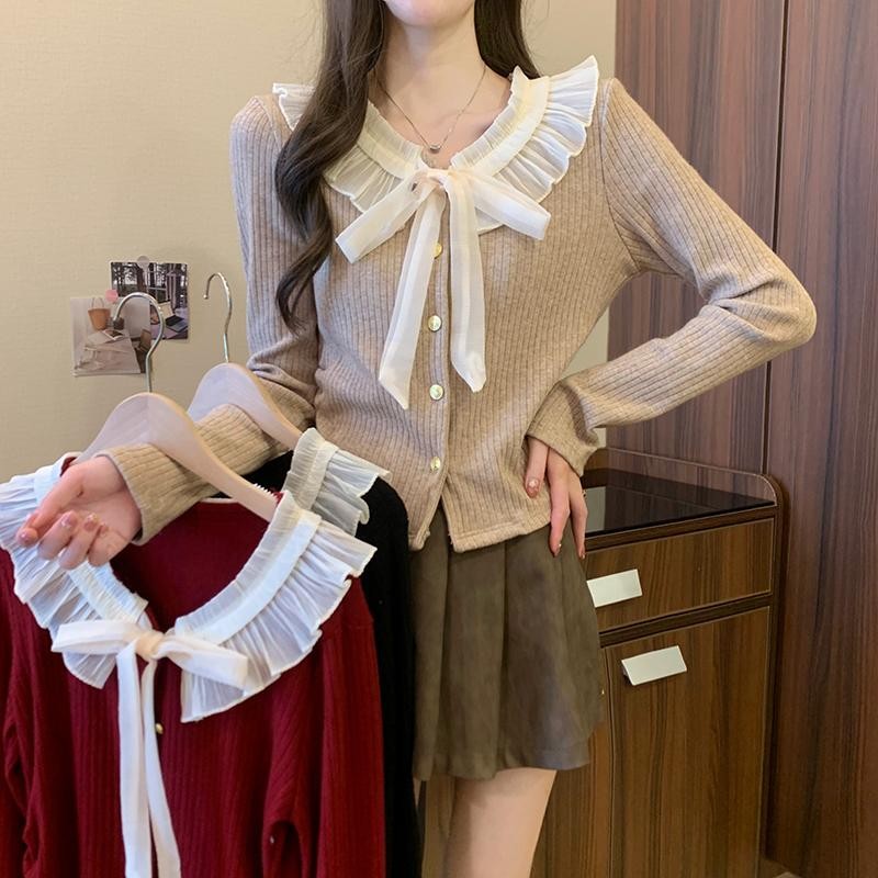 mimi&didi#เสื้อไหมพรมแขนยาว สีแดง เสื้อสเวตเตอร์ถักนิตติ้งโบว์เก๋ไก๋สไตล์ฝรั่งเศสสำหรับฤดูใบไม้ร่วงและฤดูหนาว#C150