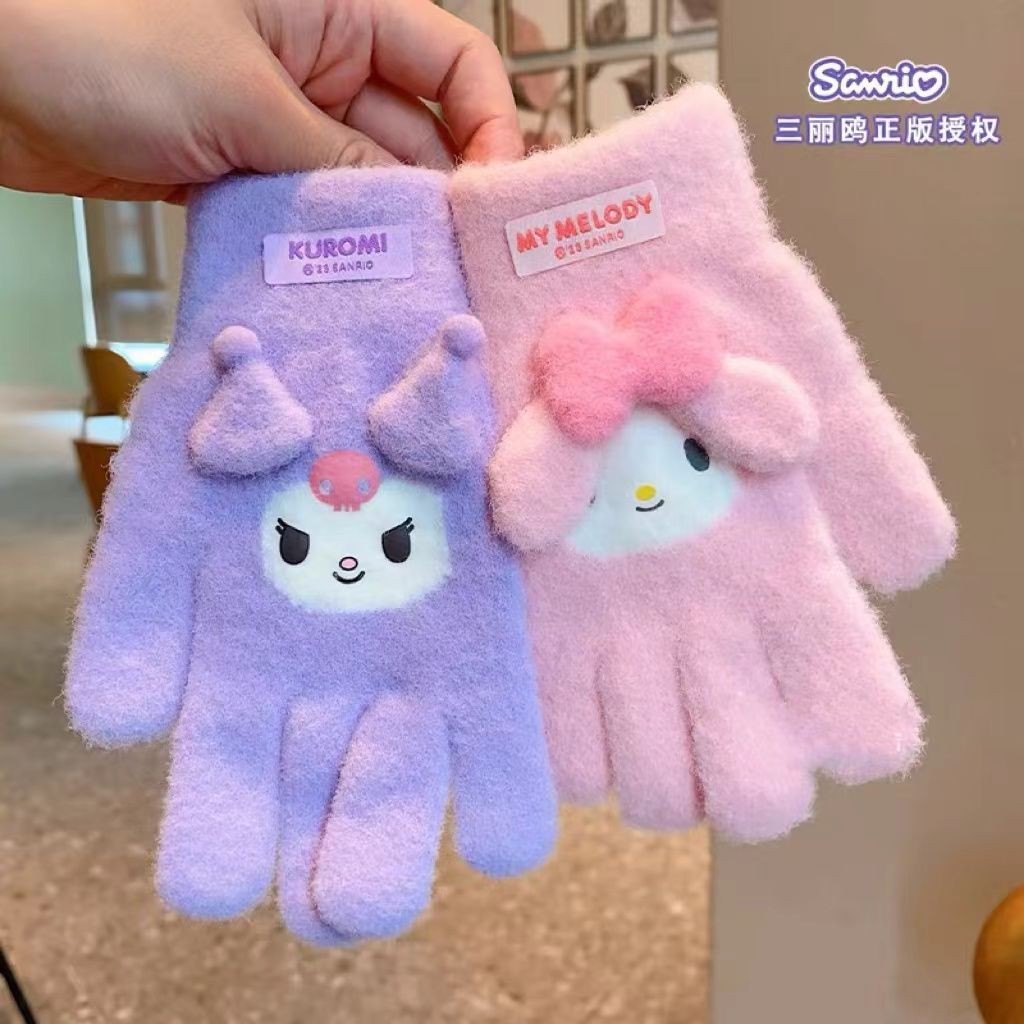 Sanrio ถุงมือเด็กฤดูหนาวหนาสาวกลางแจ้ง ถุงมือห้านิ้ว Kuromi