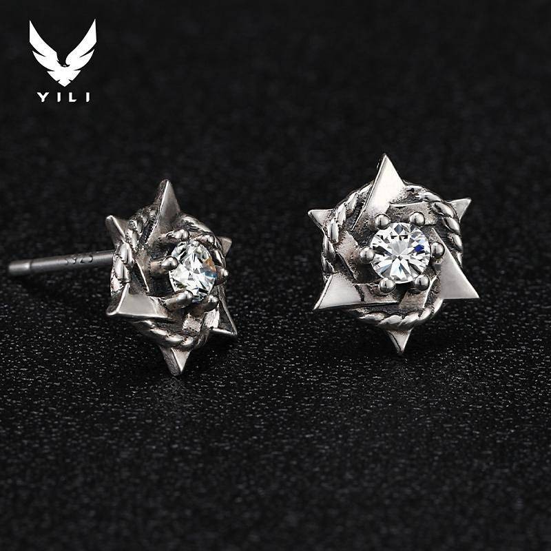 Six-Pointed Star Sterling Silver Stud Earrings High-Grade Men's Earrings Silver Kuchao Men's Pu Hand