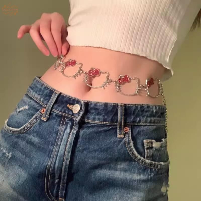 Ank หวาน Sanrio Hello Kitty จี้เอวสร้อยคอ Belly เข็มขัดผู้หญิง ฤดูร้อน เครื่องประดับ เพชร Y2K