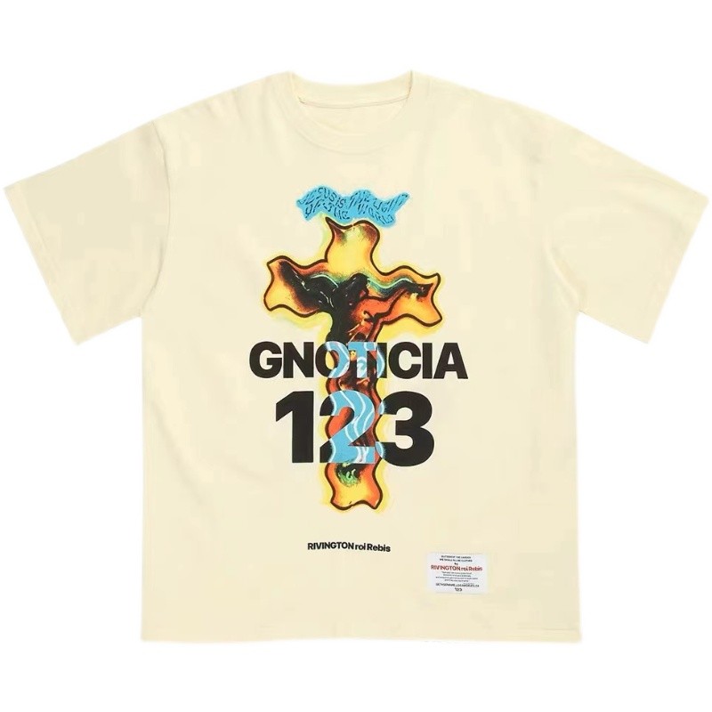 ผ้าฝ้าย 100% RRR123 อเมริกันอินเทรนด์กีฬาหลวม Burning Cross พิมพ์รอบคอแขนสั้นผู้ชาย