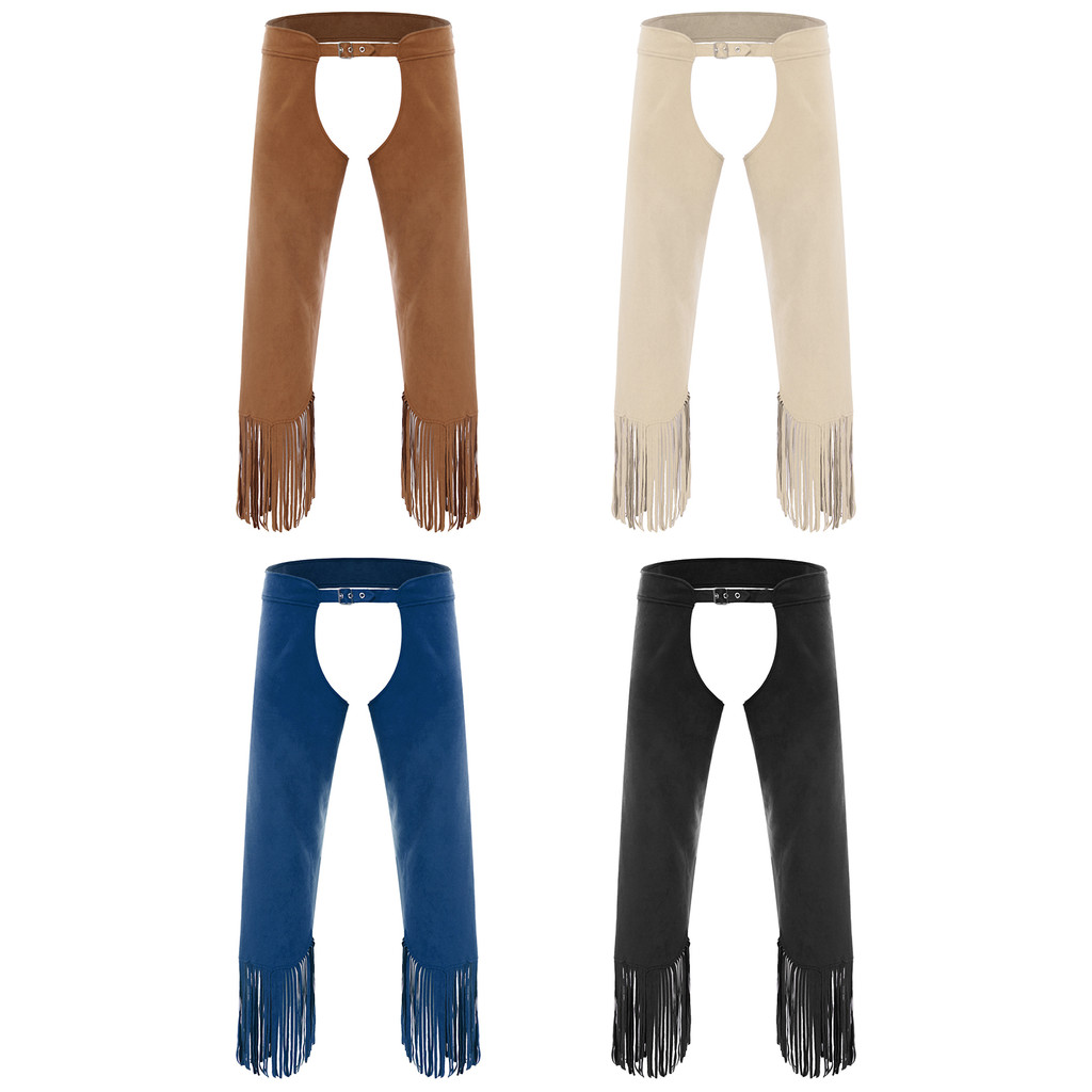 Yeahdor ผู้ชาย Vintage คาวบอย Chaps ปรับหัวเข็มขัดเปิด Crotch แยก Fringe Suede กางเกงสําหรับ Halloween Theme Party คอสเพลย์