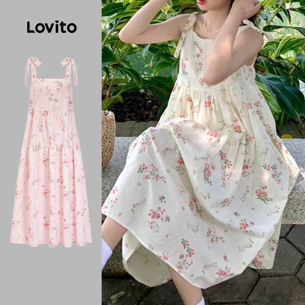 (Hot) Lovito ชุดเดรสลําลอง ลายเดซี่ชุดเดรสผูกเชือกลายดอกไม้สําหรับผู้หญิง LNA43094 (หลากสี)