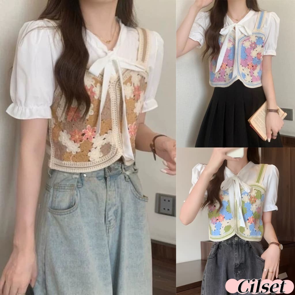 Cilset🛒พร้อมส่ง🎀ผู้หญิงเ เสื้อแขนสั้นไหมพรม ปักลายดอก ดีเทลผูกโบว์ตรงคอ แขนผ้าชีฟอง กไหมพรมลายดอกไม้ /72028-C