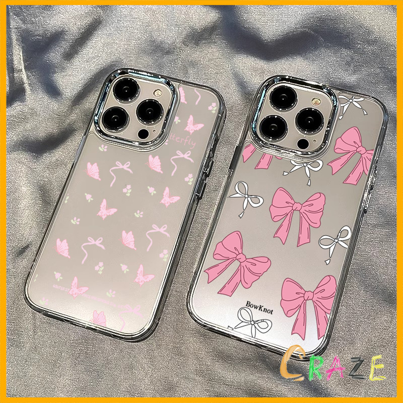 ความรู้สึกขั้นสูง จัดส่งจากประเทศไทย ภาพวาดฤดูใบไม้ผลิของผีเสื้อสีชมพูและโบว์for iPhone เคสไอโฟน 13 12 11 PRO MAX 16 15