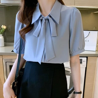 S-2XL เสื้อเชิ้ตทำงานผู้หญิงผูกโบว์หลวมบางแขนสั้นเสื้อชีฟอง
