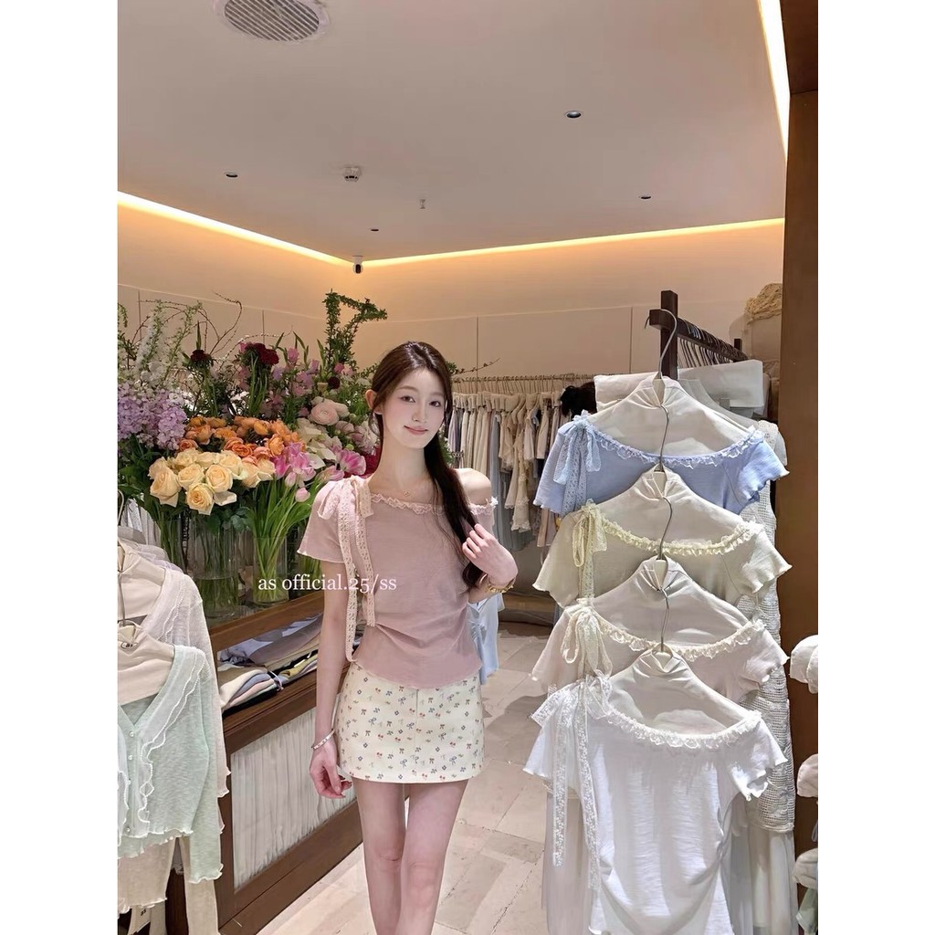 Super Beautiful Dopamine Top สายลูกไม้ปิดไหล่ Chic Top 3173