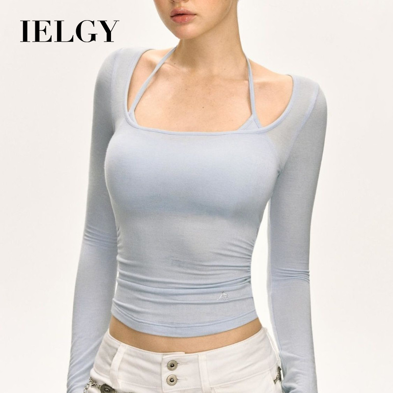 IELGY แขวนคอสายรัดประกบเสื้อยืดสําหรับผู้หญิงต้นฤดูใบไม้ร่วงซ่อมแซมแขนยาวด้านบน