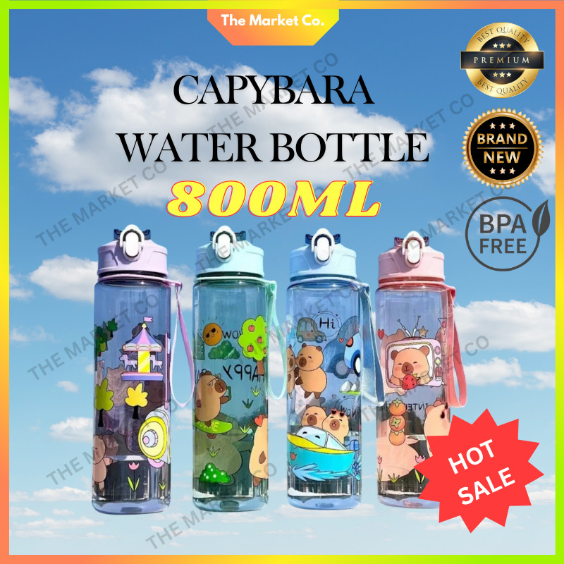 ! ท้องถิ่น! 800ML Capybara ขวดน้ํา Drink Up ขวด Tritan BPA ฟรีหลอดดื่มโปร่งใสการ์ตูน Botol Air Budak