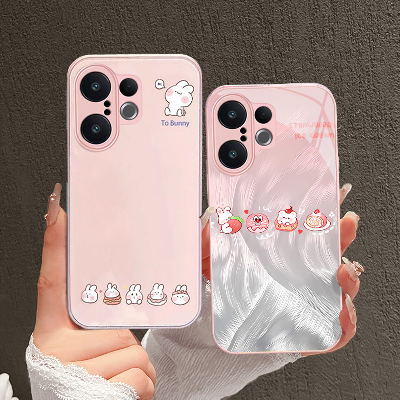 เคส Vivo X200 FE เคสน่ารักการ์ตูนกระต่ายกระต่ายกันกระแทก 2025 สไตล์ใหม่หรูหราของเหลวแก้วปกปิดขอบซิลิโคนนุ่มสําหรับเด็กผู้หญิงนักเรียนผู้หญิง