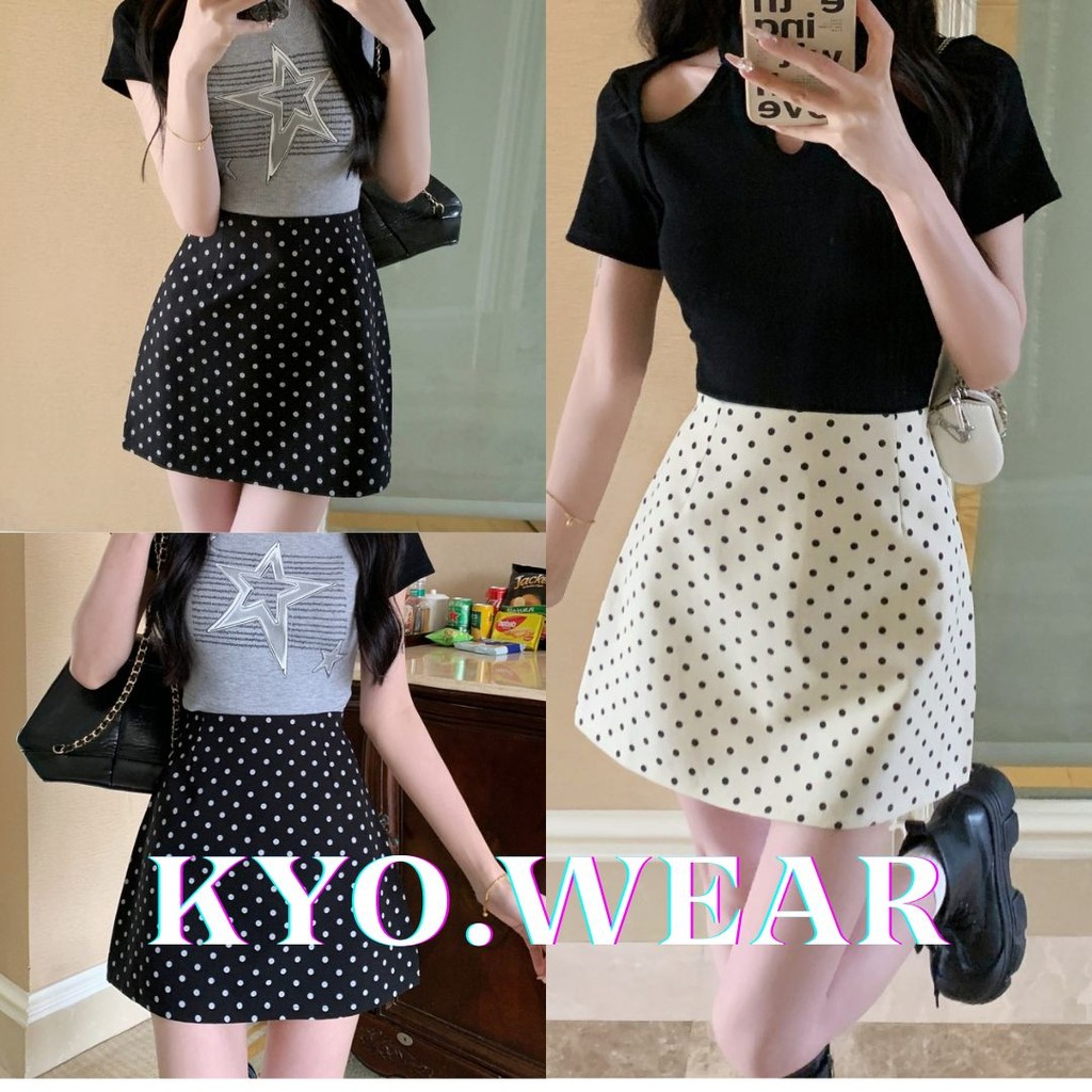 KYO 🌸 กระโปรงสั้นสีดำลายจุด แต่งซิป หวานและน่ารัก ผ้ายืด กระโปรงทรงเอลายจุด ซิปข้าง มีซับในมีไซส์S-Mส่งจากไทยNK25073